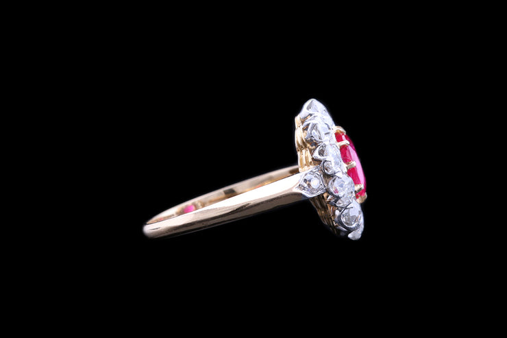18ct Yellow Gold and Platinum Diamond and Burma Ruby Cluster Ring with Diamond Shoulders