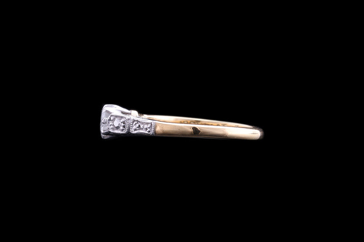 Art Deco 18ct Yellow Gold and Platinum Diamond Single Stone Ring with Engraved Shoulders
