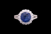 18ct White Gold Diamond and Sapphire Cluster Ring with Diamond Shoulders
