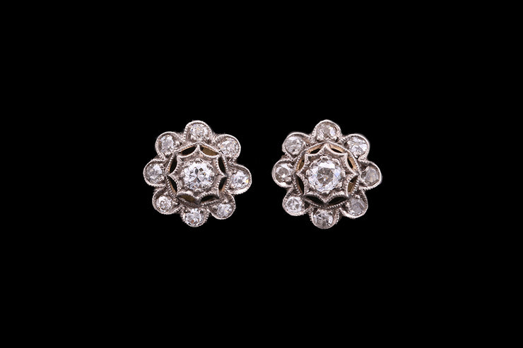 18ct Yellow Gold and Silver Diamond Cluster Stud Earrings