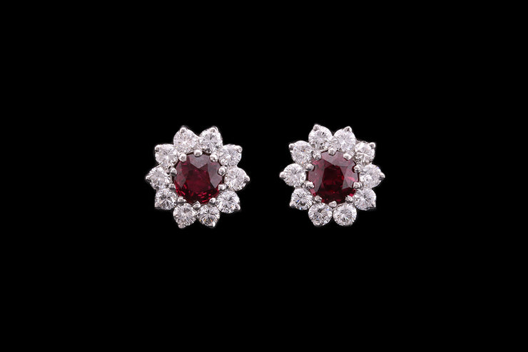 18ct Yellow Gold Diamond and Thai Ruby Cluster Stud Earrings