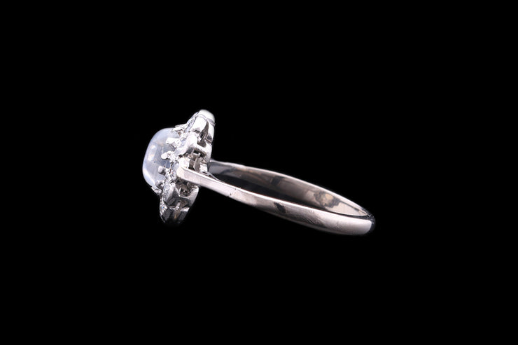 Art Deco 18ct White Gold Diamond and Moonstone Oval Cluster Ring