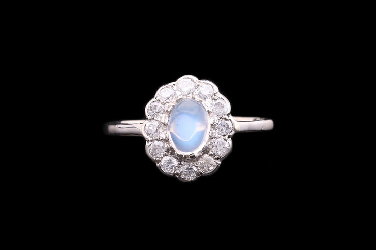 Art Deco 18ct White Gold Diamond and Moonstone Oval Cluster Ring