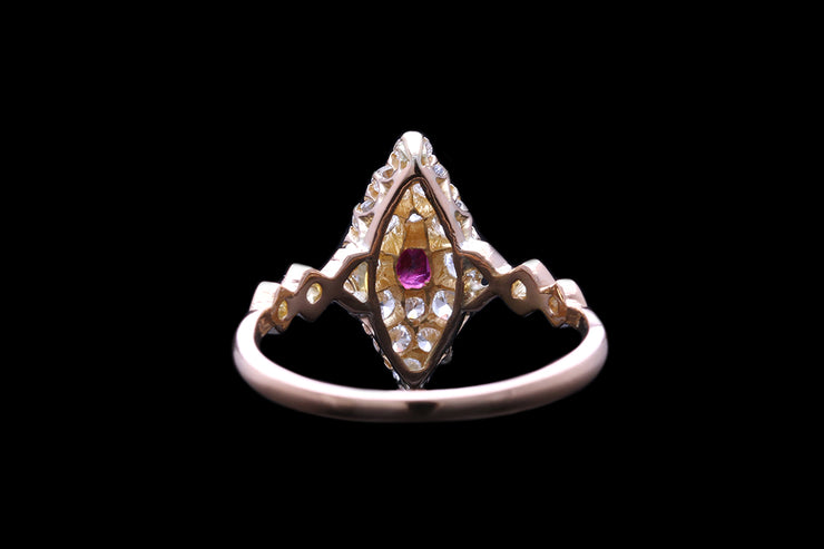 Edwardian 18ct Yellow Gold Diamond and Ruby Marquise Dress Ring