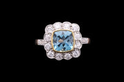 18ct Yellow Gold Diamond and Aquamarine Cluster Ring with Diamond Shoulders