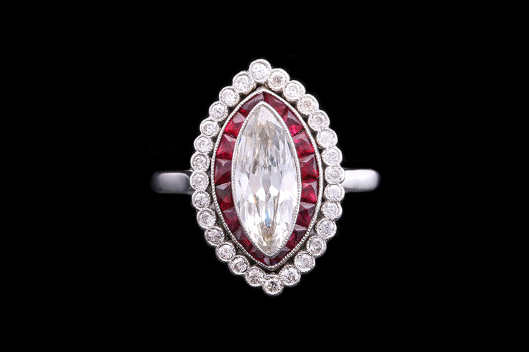 Art Deco Platinum Diamond and Ruby Marquise Dress Ring