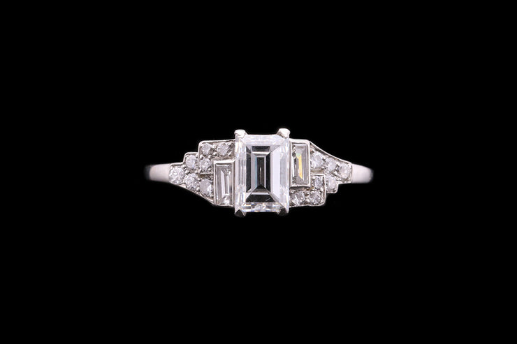 Art Deco Platinum Diamond Single Stone Ring with Decorative Diamond Shoulders