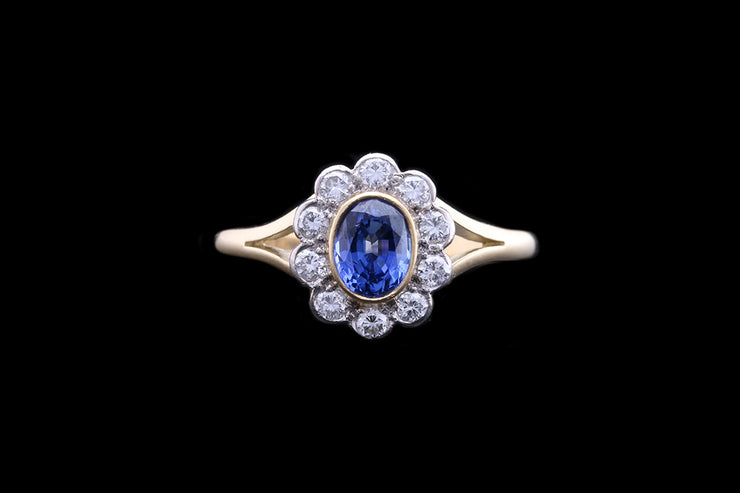 18ct Yellow Gold Diamond and Sapphire Oval Cluster Ring with Split Shoulders