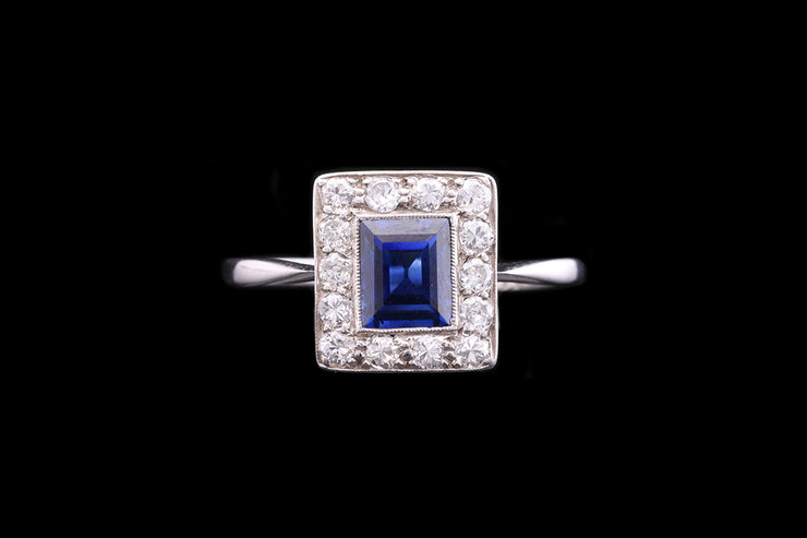 Art Deco Platinum Diamond and Sapphire Rectangular Cluster Ring