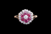 Victorian 18ct Yellow Gold and Silver Diamond and Ruby Flower Cluster Ring with Split Shoulders