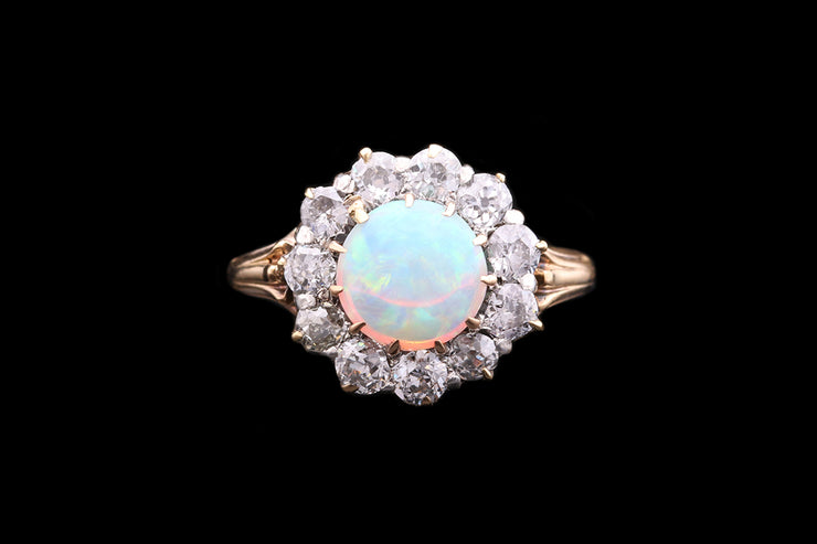 Victorian 18ct Yellow Gold and Silver Diamond and Opal Cluster Ring