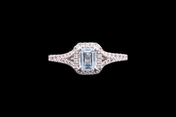 18ct White Gold Diamond and Aquamarine Rectangular Target Ring with Diamond Shoulders