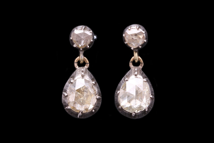 Georgian 18ct Yellow Gold and Silver Diamond Drop Earrings