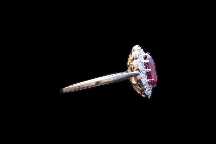 18ct Yellow Gold and Platinum Diamond and Thai Ruby Oval Cluster Ring