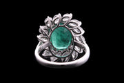 18ct White Gold Diamond and Emerald Oval Cluster Ring