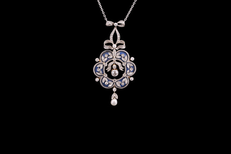 Belle Époque Platinum and 18ct Yellow Gold and White Gold Diamond, Guilloché Enamel and Pearl Drop Pendant