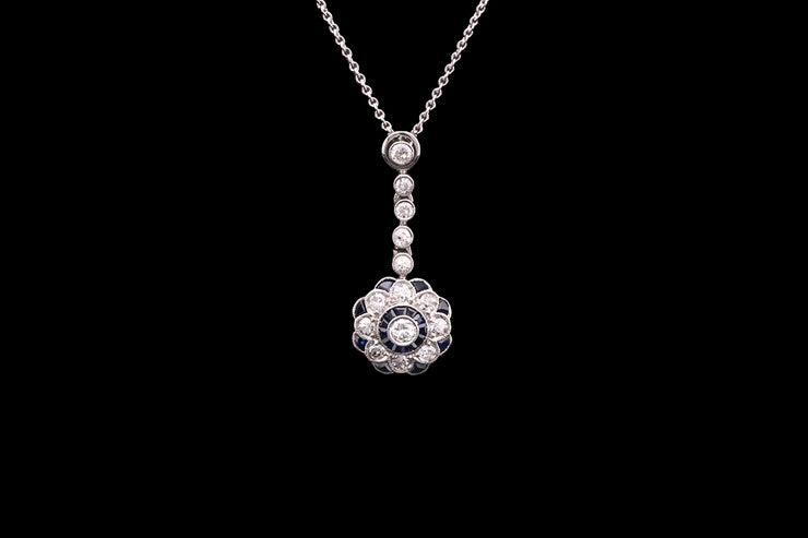18ct White Gold Diamond and Sapphire Flower Drop Pendant