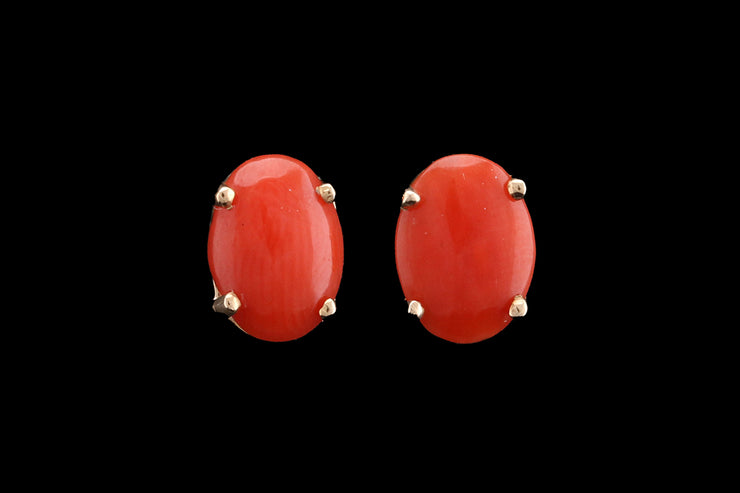 9ct Yellow Gold Coral Oval Stud Earrings