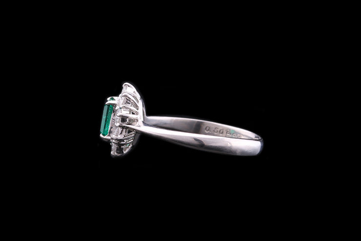 Platinum Diamond and Emerald Cluster Ring