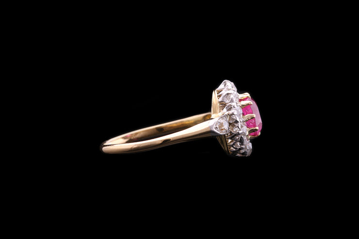 Art Deco 18ct Yellow Gold and Platinum Diamond and Burma Ruby Cluster Ring with Diamond Shoulders