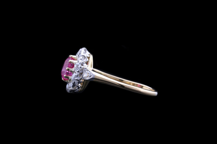 Art Deco 18ct Yellow Gold and Platinum Diamond and Burma Ruby Cluster Ring with Diamond Shoulders
