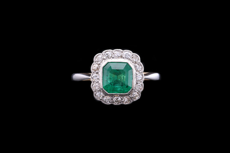 Platinum and 18ct Yellow Gold Diamond and Emerald Square Cluster Ring