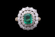 Art Deco 18ct Yellow Gold and White Gold Diamond and Zambian Emerald Double Row Dress Ring