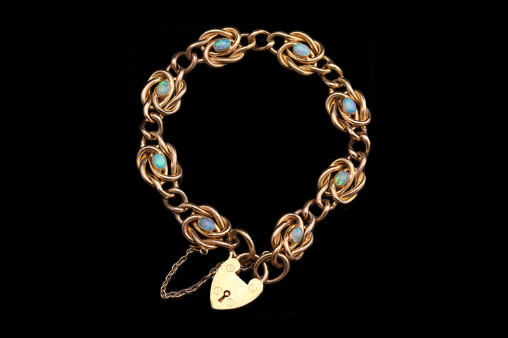 Victorian 9ct Yellow Gold Opal Bracelet with Heart Padlock