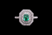 Art Deco Platinum Diamond and Emerald Octagonal Double Row Dress Ring