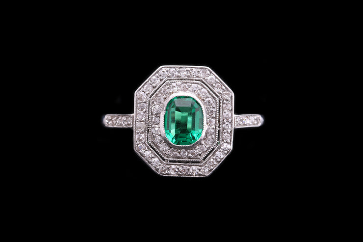 Art Deco Platinum Diamond and Emerald Octagonal Double Row Dress Ring