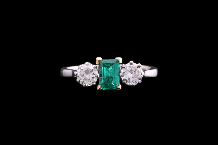 18ct White Gold and Yellow Gold Diamond and Colombian Emerald Three Stone Ring