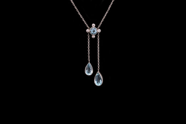 Edwardian Platinum Diamond and Aquamarine Drop Pendant