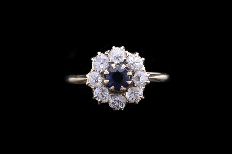 Edwardian 18ct Yellow Gold Diamond and Sapphire Cluster Ring