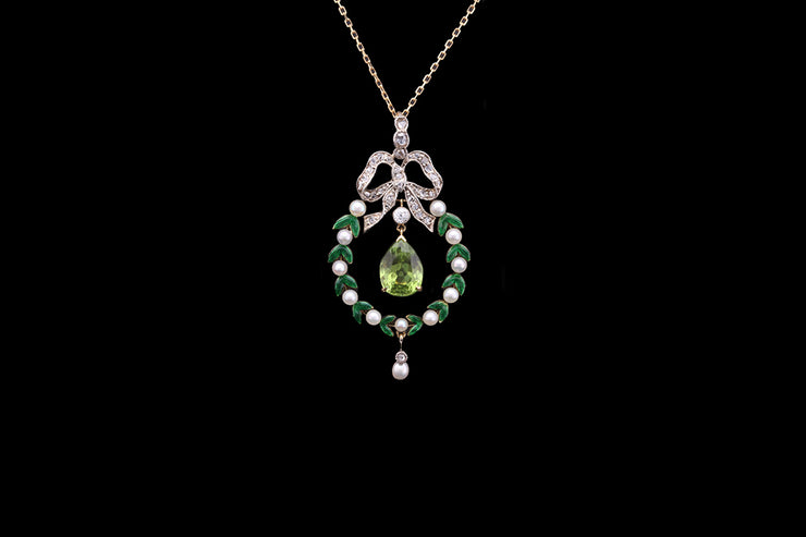 Belle Époque 18ct Yellow Gold and Silver, Diamond, Enamel, Peridot and Seed Pearl Decorative Pendant