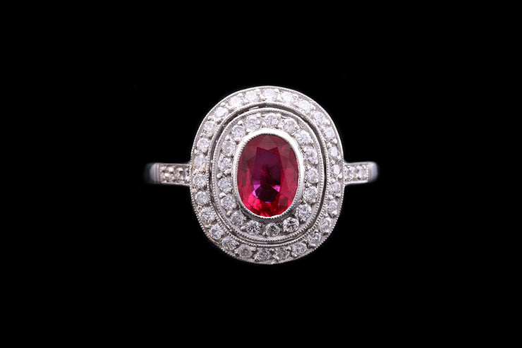 Platinum Diamond and Ruby Double Cluster Ring with Diamond Shoulders