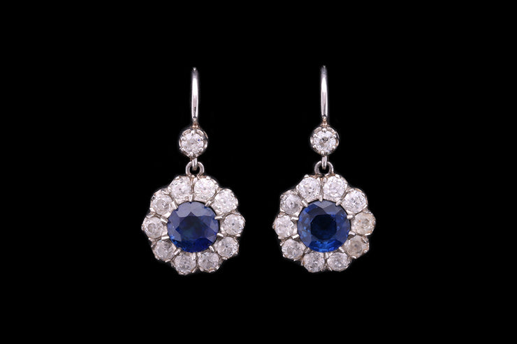 Art Deco 18ct White Gold and Yellow Gold Diamond and Sapphire Round Cluster Drop Earrings