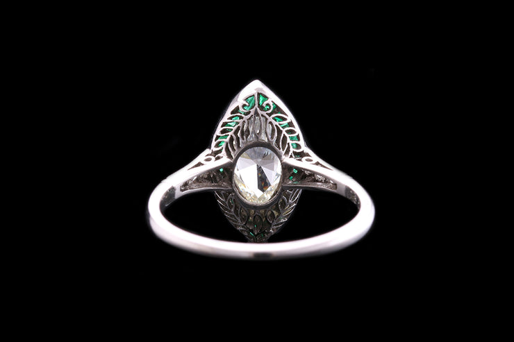 Platinum Diamond and Emerald Marquise Dress Ring with Diamond Shoulders