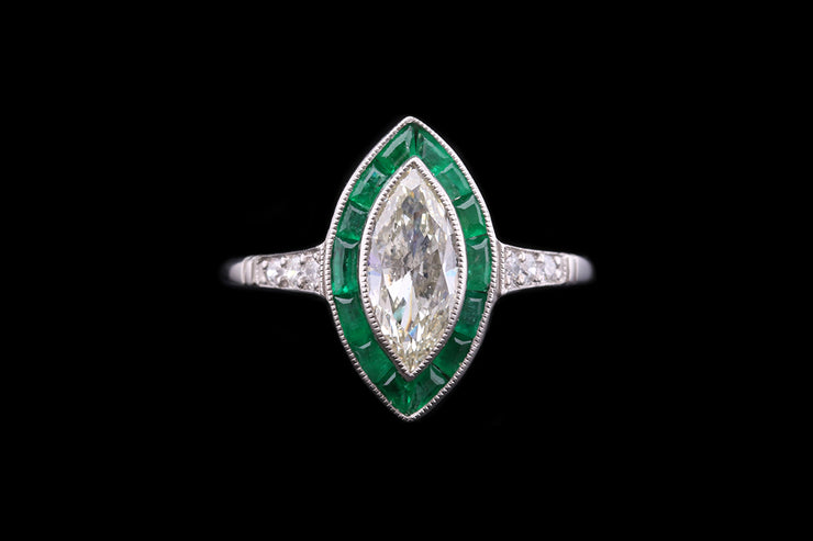 Platinum Diamond and Emerald Marquise Dress Ring with Diamond Shoulders
