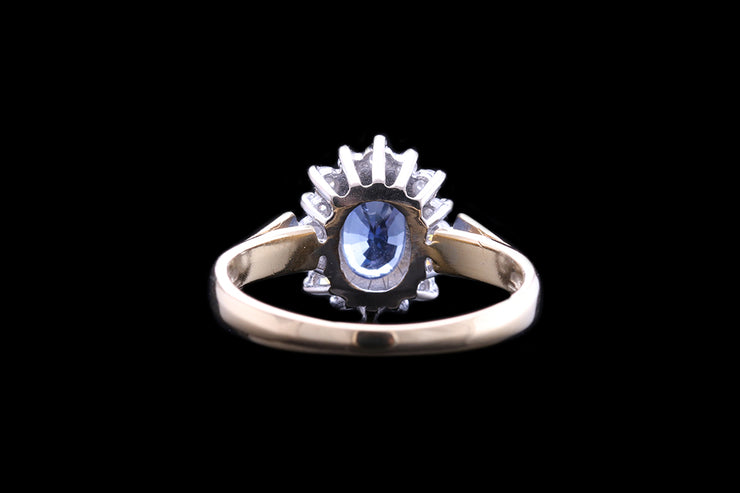 18ct Yellow Gold Diamond and Sapphire Oval Cluster Ring with Diamond Shoulders
