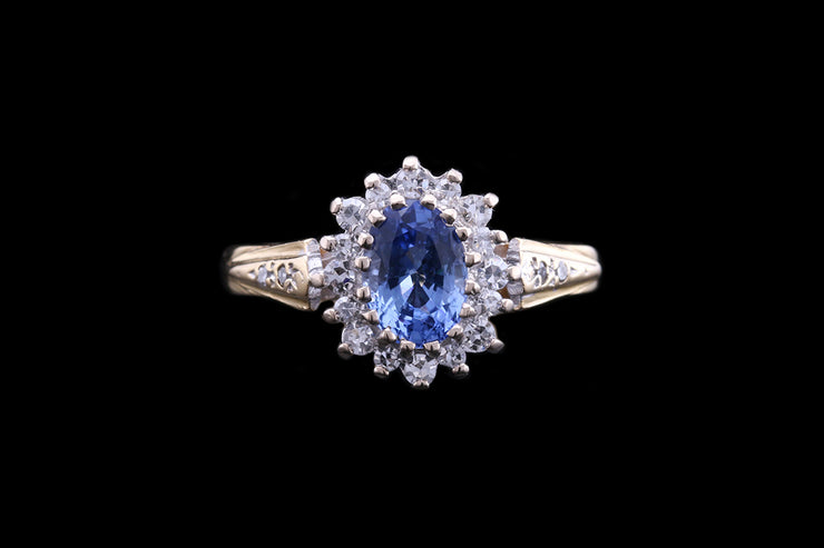 18ct Yellow Gold Diamond and Sapphire Oval Cluster Ring with Diamond Shoulders
