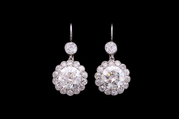 Art Deco 18ct White Gold Diamond Round Cluster Drop Earrings