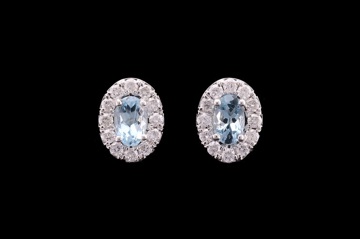 18ct White Gold Diamond and Aquamarine Oval Cluster Stud Earrings