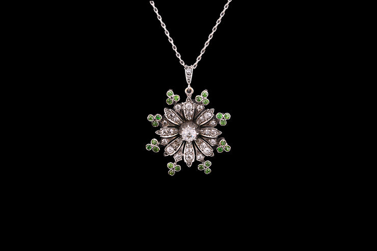 Victorian 18ct Yellow Gold and Silver Diamond and Green Garnet Flower Pendant