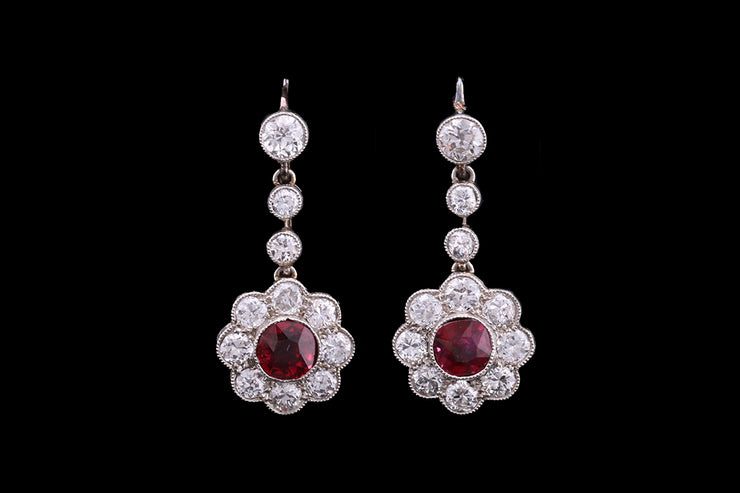 Art Deco 18ct White Gold Diamond and Ruby Round Cluster Drop Earrings