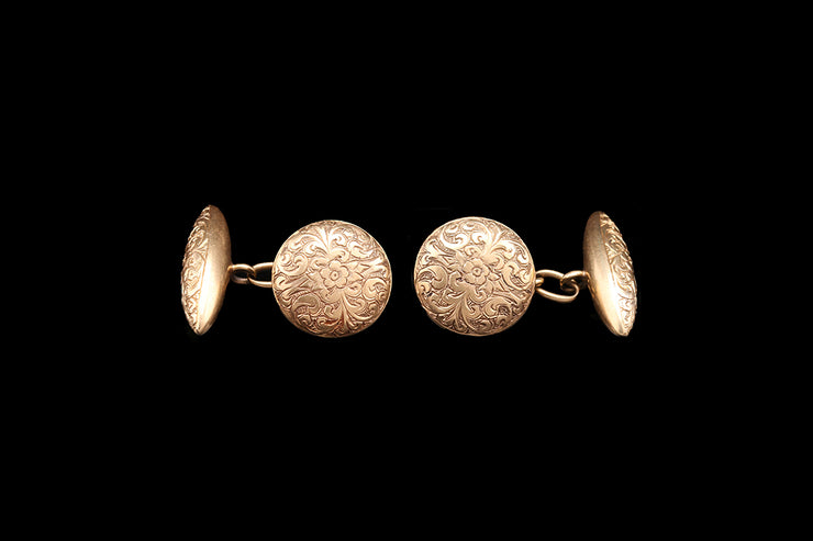 Victorian 18ct Yellow Gold Button and Barrel Hand Engraved Cufflinks