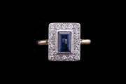 Edwardian 18ct Yellow Gold and Platinum Diamond and Sapphire Rectangular Cluster Ring