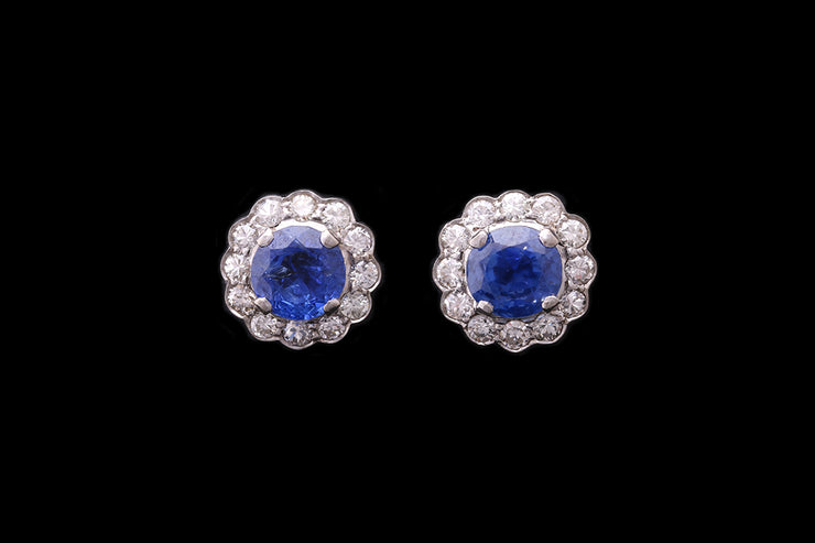 Platinum Diamond and Sapphire Round Cluster Stud Earrings