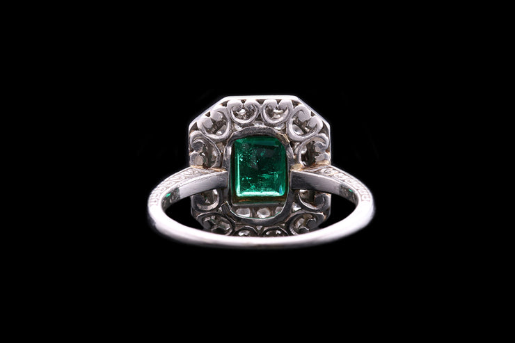Art Deco 18ct Yellow Gold and Platinum Diamond and Emerald Rectangular Dress Ring
