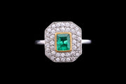Art Deco 18ct Yellow Gold and Platinum Diamond and Emerald Rectangular Dress Ring