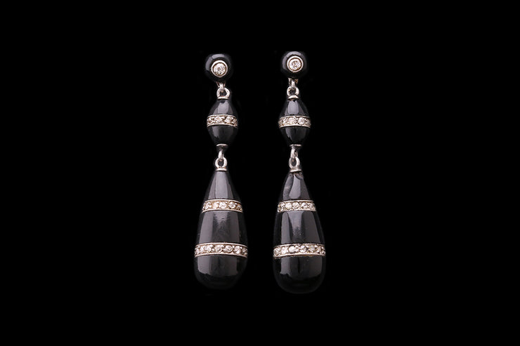 Art Deco 18ct Yellow Gold and Platinum Diamond and Onyx Drop Earrings